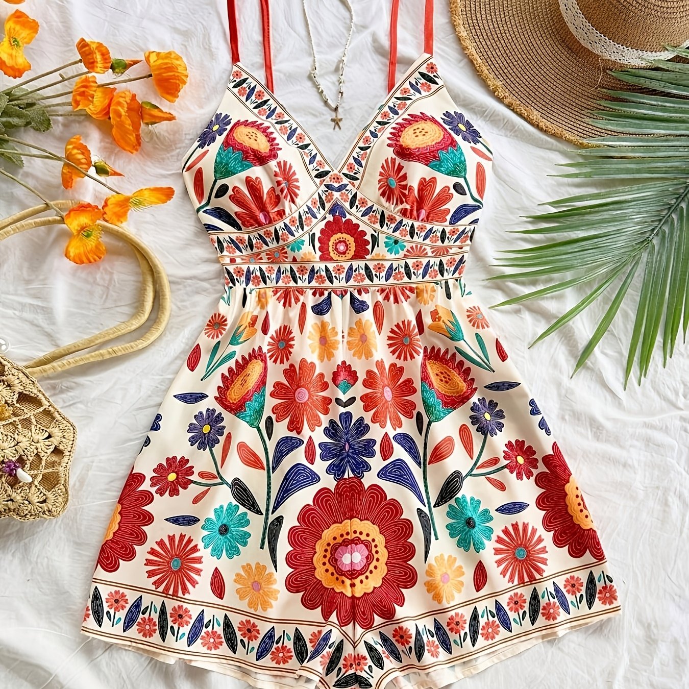 Damen Jumpsuit mit Blumendruck und Spaghettiträgern – Boho Style für Freizeit und Urlaub