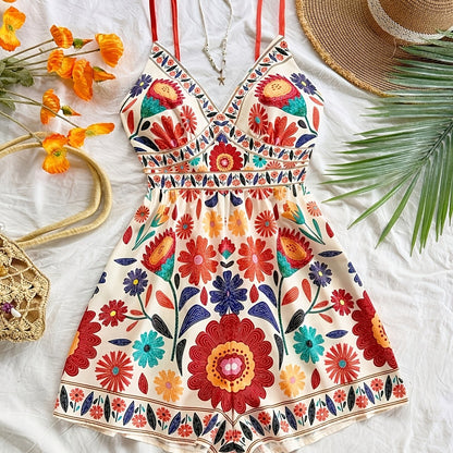 Damen Jumpsuit mit Blumendruck und Spaghettiträgern – Boho Style für Freizeit und Urlaub