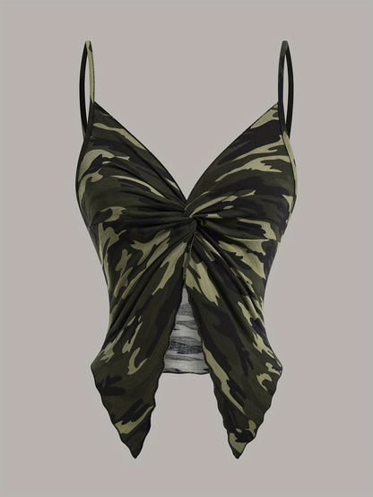 Damen Camisole Top mit Camouflage-Look und Wickeldetail – Modisches Party- und Streetwear-Highlight
