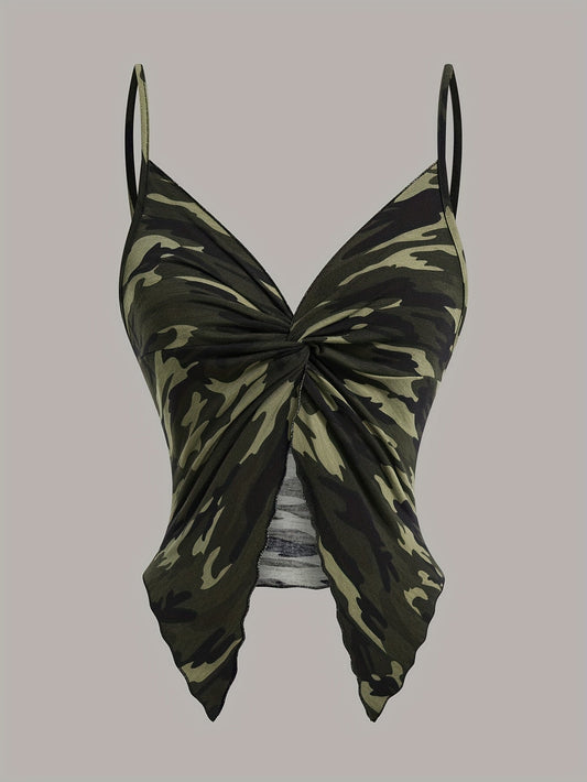 Damen Camisole Top mit Camouflage-Look und Wickeldetail – Modisches Party- und Streetwear-Highlight
