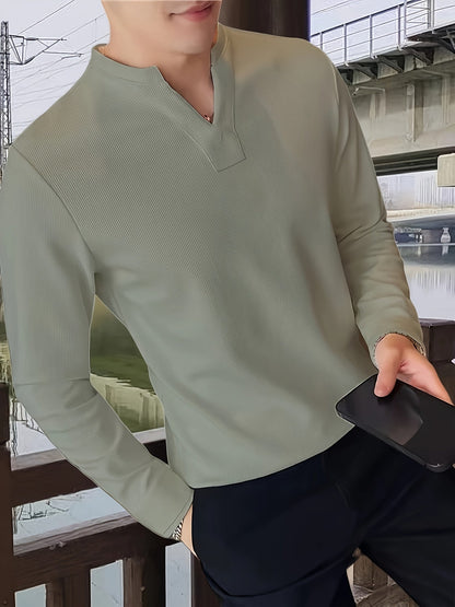 Herren Langarmshirt Henley Kragen Gerippt Weiß Freizeitshirt