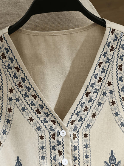 Damen Kurzarm Blusen-Set mit Shorts, bestickt, V-Ausschnitt, Freizeit Zweiteiler