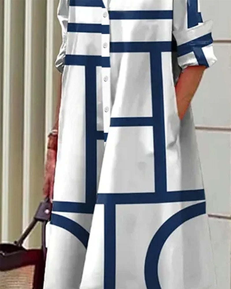 Damen Shirtkleid mit geometrischem Print und Taschen – Eleganter Freizeit- und Büro-Look