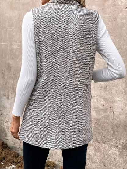Damen Weste Fischgrätmuster Lang Elegant Ärmellos Grau Weiß