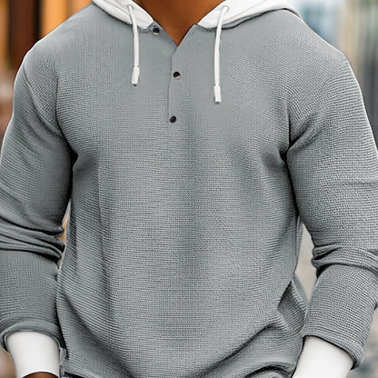 Herren Hoodie Strukturiert Grau Langarm mit Kapuze und Knopfleiste
