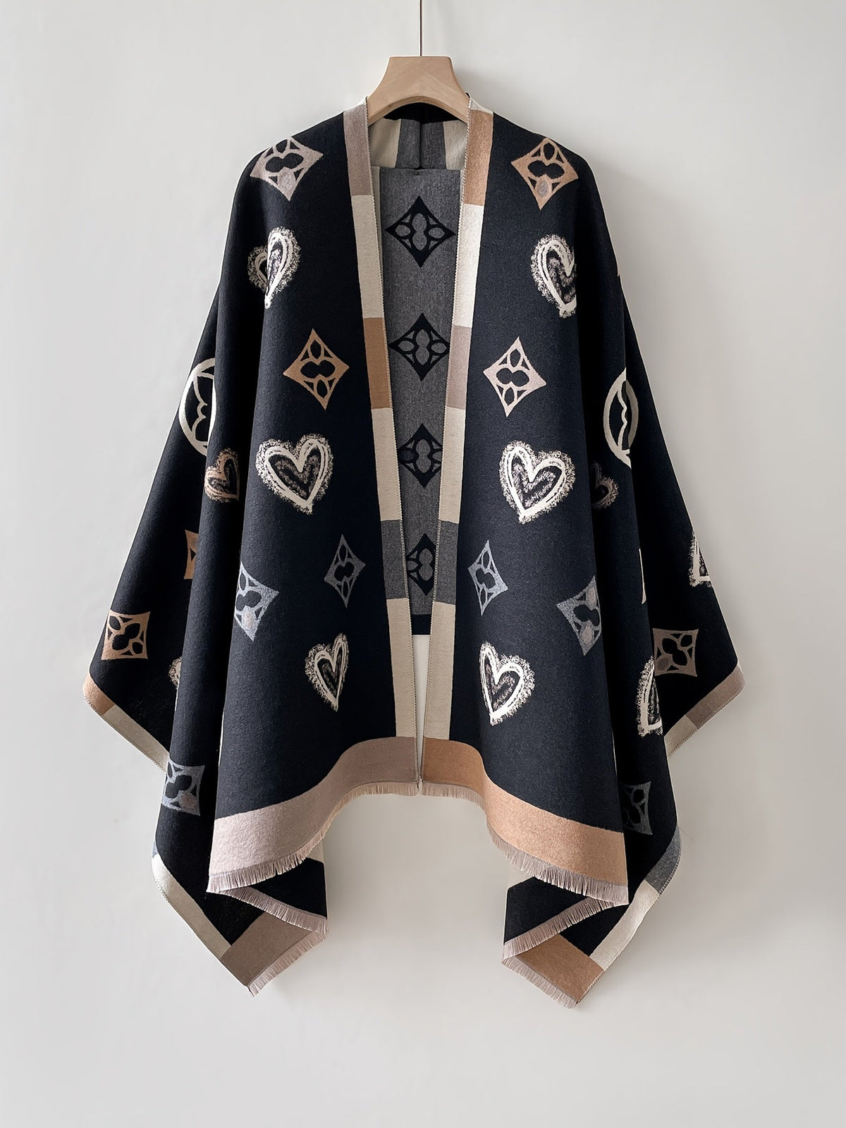 Damen Poncho mit Herz- und Muster-Print, Weicher Umhang mit Fransen, Einheitsgröße