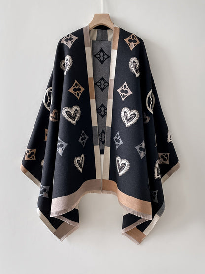 Damen Poncho mit Herz- und Muster-Print, Weicher Umhang mit Fransen, Einheitsgröße
