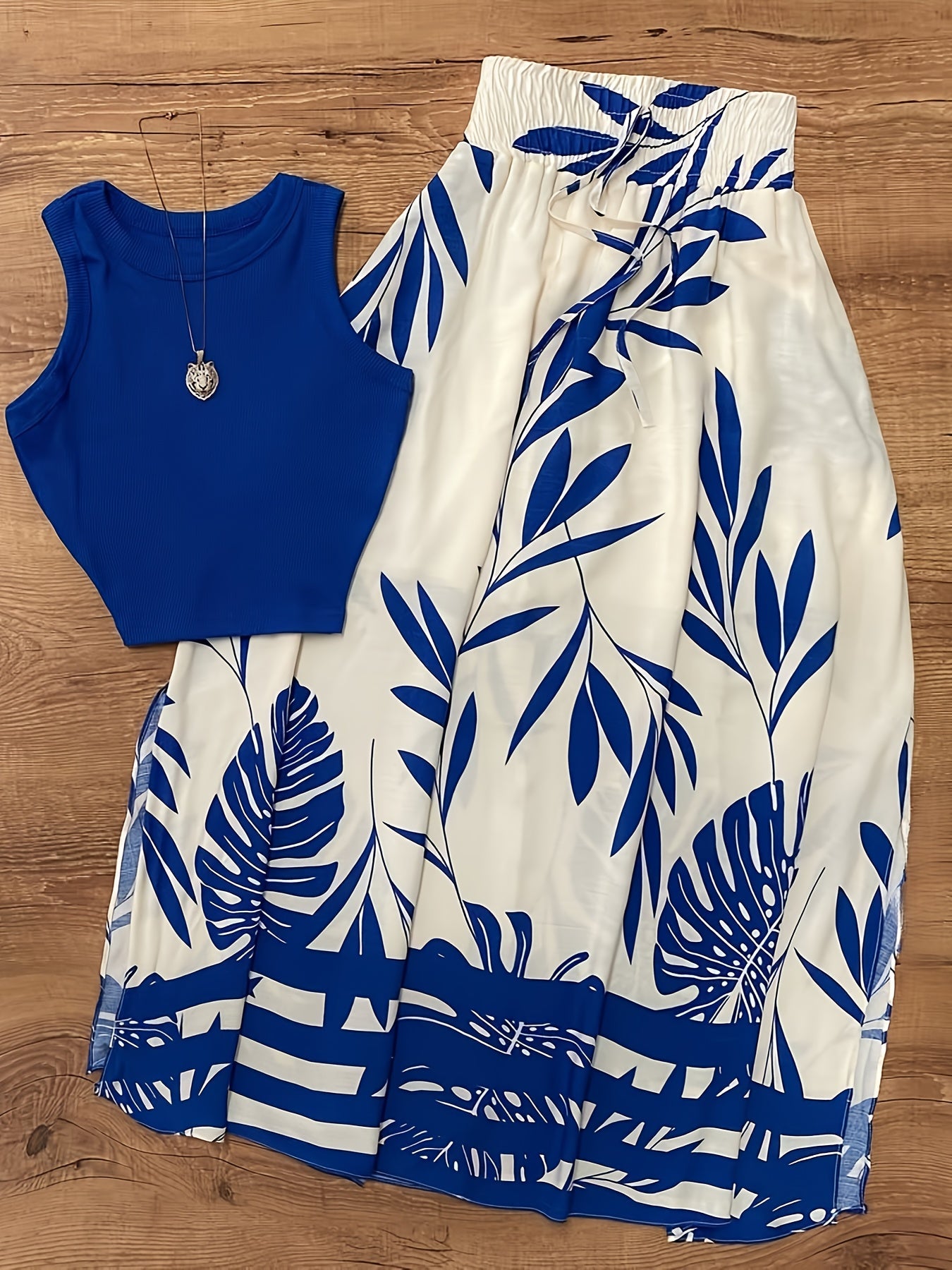 Damen Sommer-Outfit Set – Ärmelloses Top und Maxirock im tropischen Design, ideal für Urlaub und Freizeit