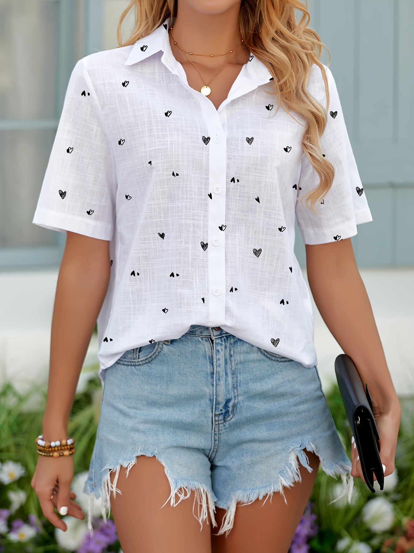 Damen Kurzarm Bluse mit Herzmuster – Sommerliche Freizeitmode, Modern und Vielseitig