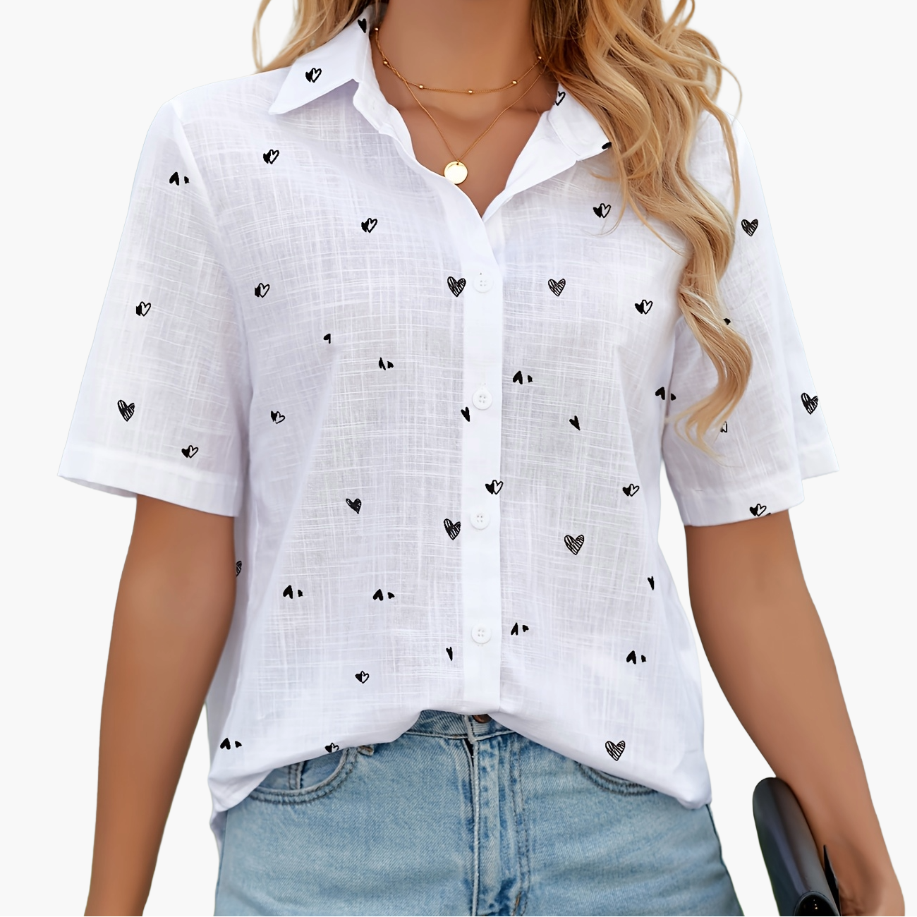 Damen Kurzarm Bluse mit Herzmuster – Sommerliche Freizeitmode, Modern und Vielseitig