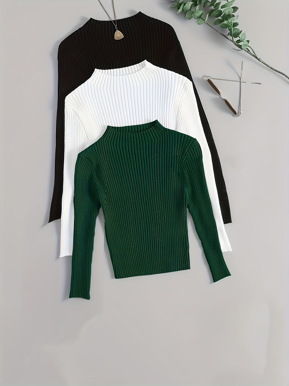 Damen Geripptes Langarm-Top mit Stehkragen, Stretch-Rippstrick-Pullover in verschiedenen Farben