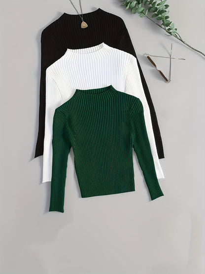 Damen Geripptes Langarm-Top mit Stehkragen, Stretch-Rippstrick-Pullover in verschiedenen Farben