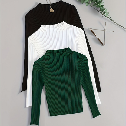 Damen Geripptes Langarm-Top mit Stehkragen, Stretch-Rippstrick-Pullover in verschiedenen Farben