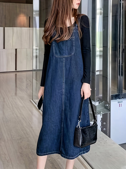 Damen Lässiges Jeans-Latzkleid Midi – Bequemer Freizeit-Overall für Alltag und Büro