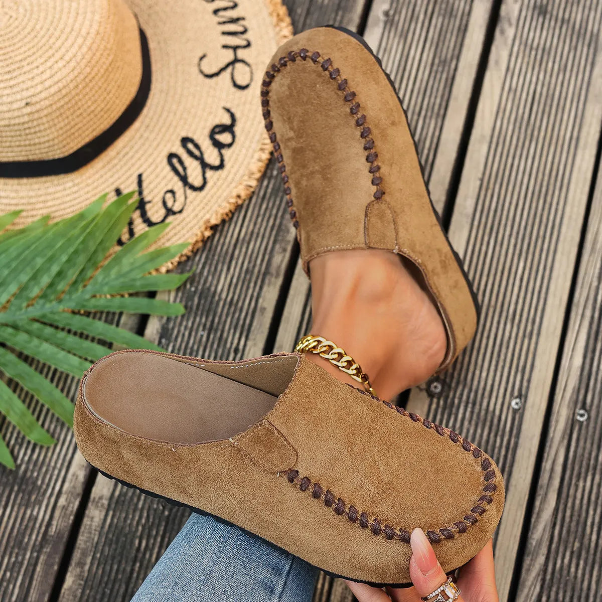 Damen Slipper Mules mit Ziernaht Komfortschuhe Braun