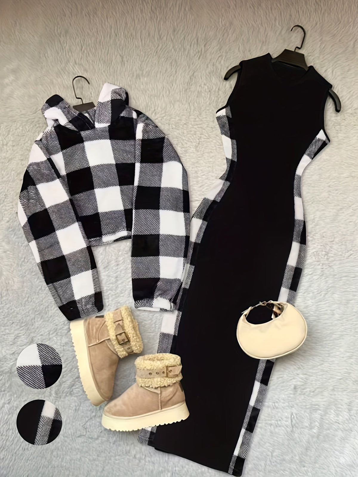 Damen Set Kariert Schwarz-Weiß Crop Hoodie & Ärmelloses Kleid