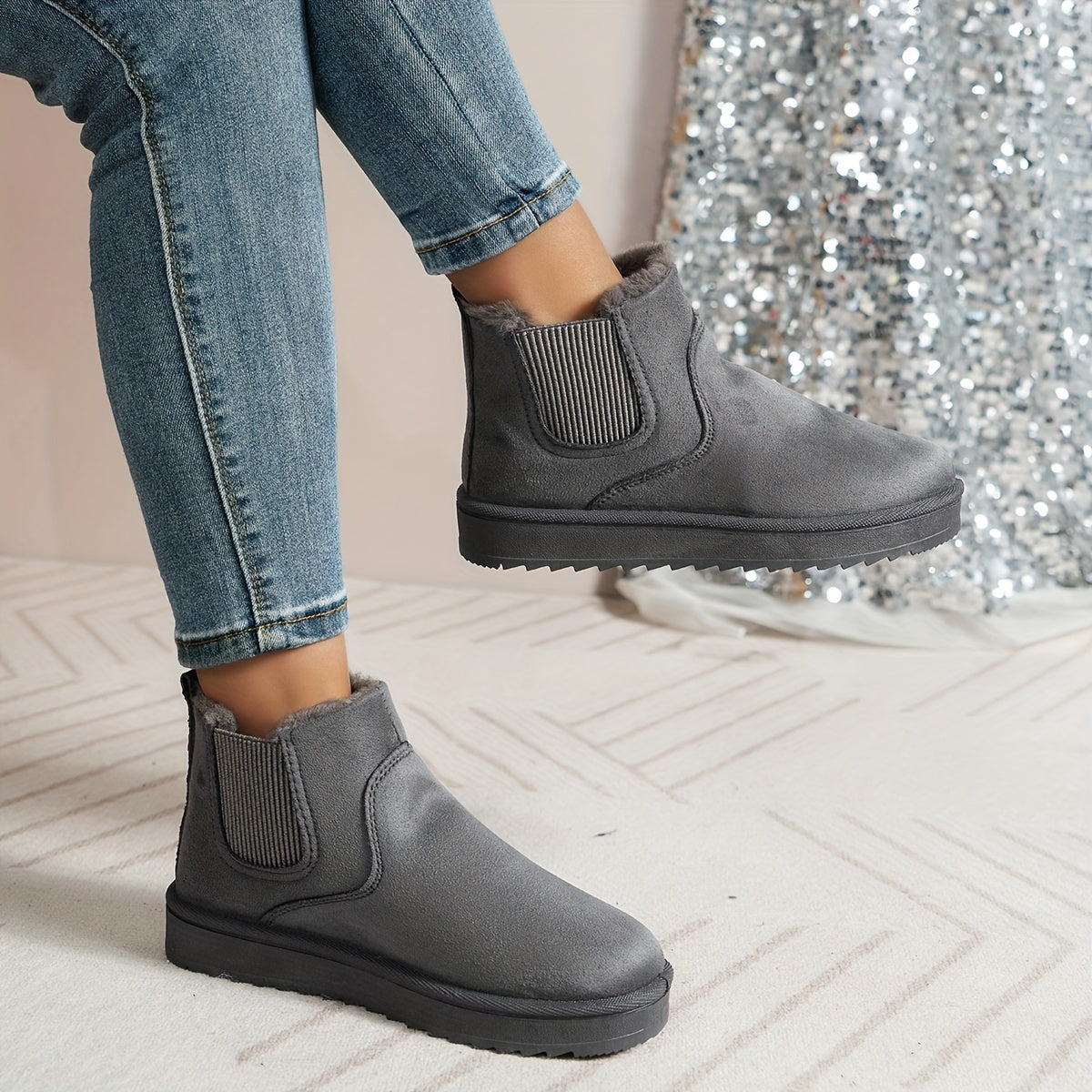 Damen Warme Winterstiefel Stiefeletten mit flauschigem Futter, einfarbig, bequem
