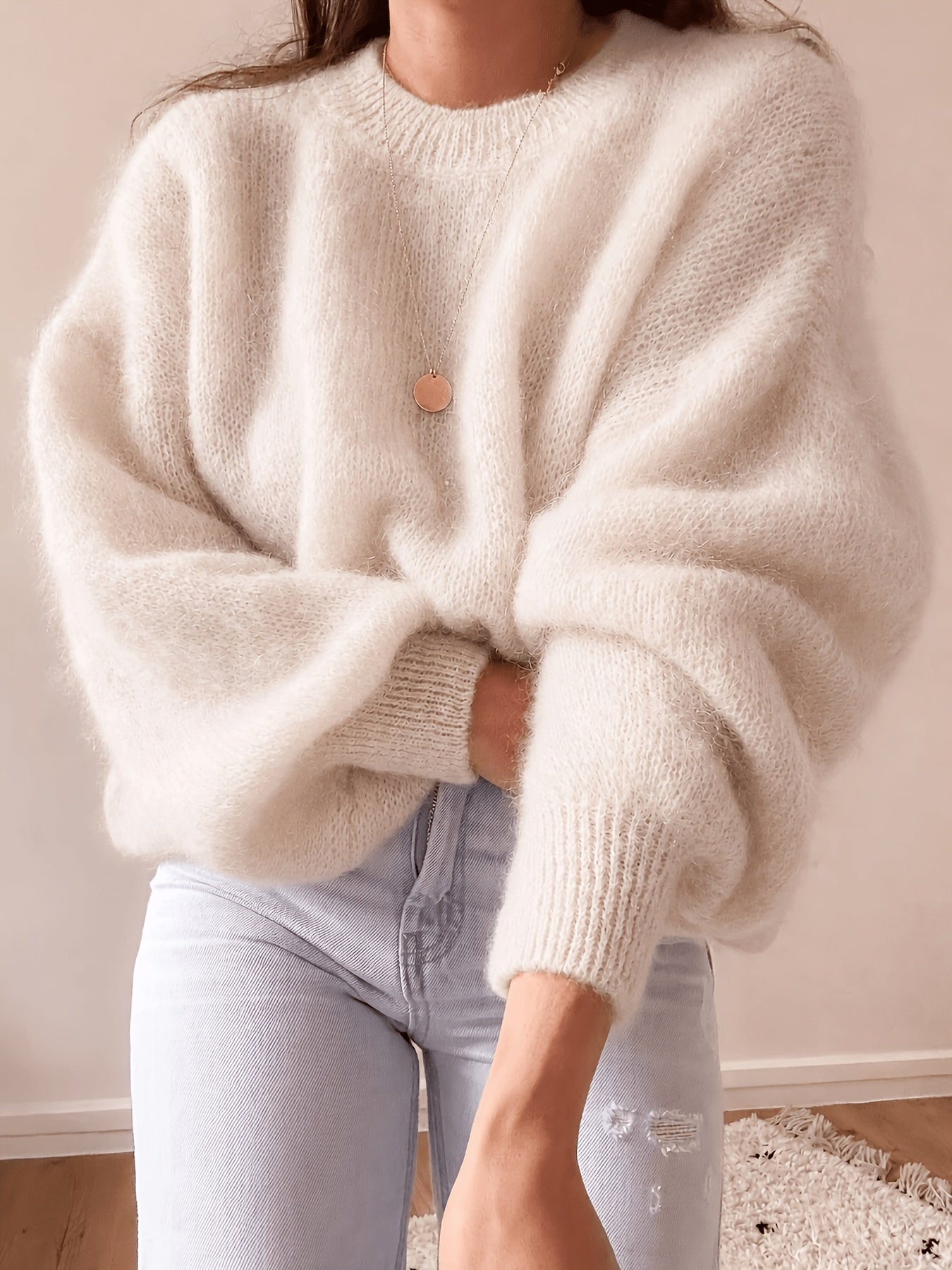 Damen Oversize Pullover Rundhals Weich Strick Langarm