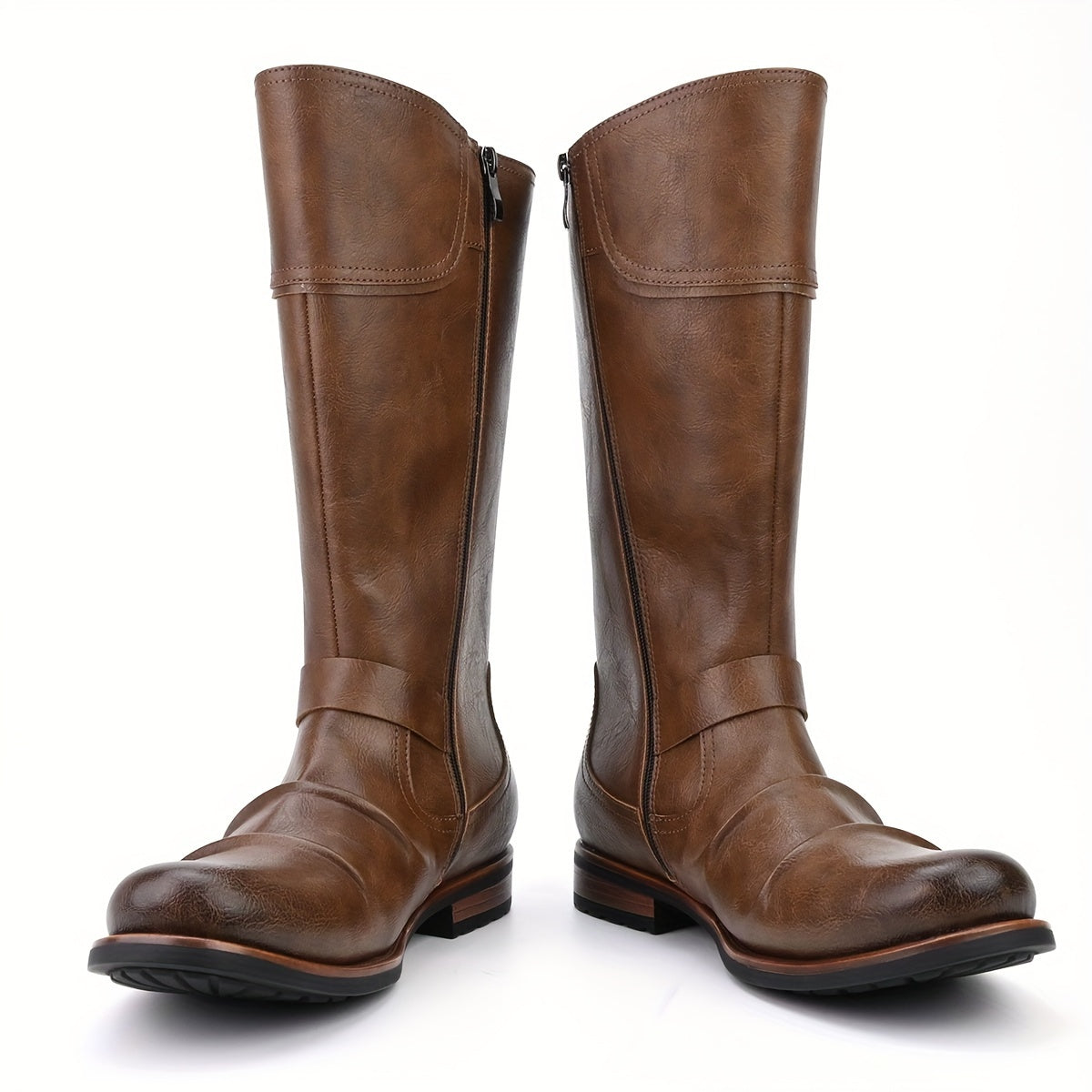 Herren Stiefel mit Schnallen und Riemen - Kniehoch - Schwarz/Braun