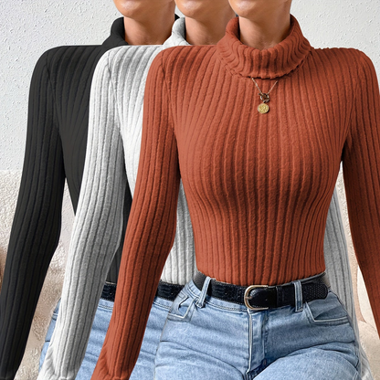Damen Rippstrick Rollkragen Body Langarm Eng Anliegend Schwarz Grau Rostorange