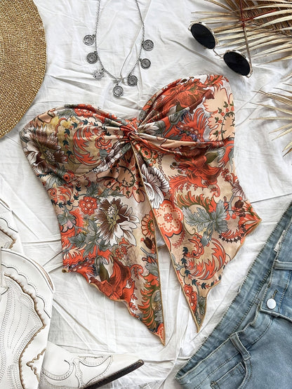 Damen Bandeau Crop Top mit Blumenmuster und Knoten – Vintage Stil, Modisches Festival- und Sommer-Outfit