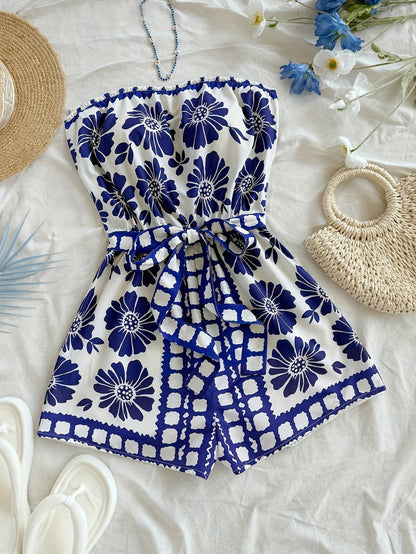 Damen Bandeau-Overall mit Blumenmuster und Taillengürtel – Eleganter Sommer-Jumpsuit für Urlaub & Freizeit