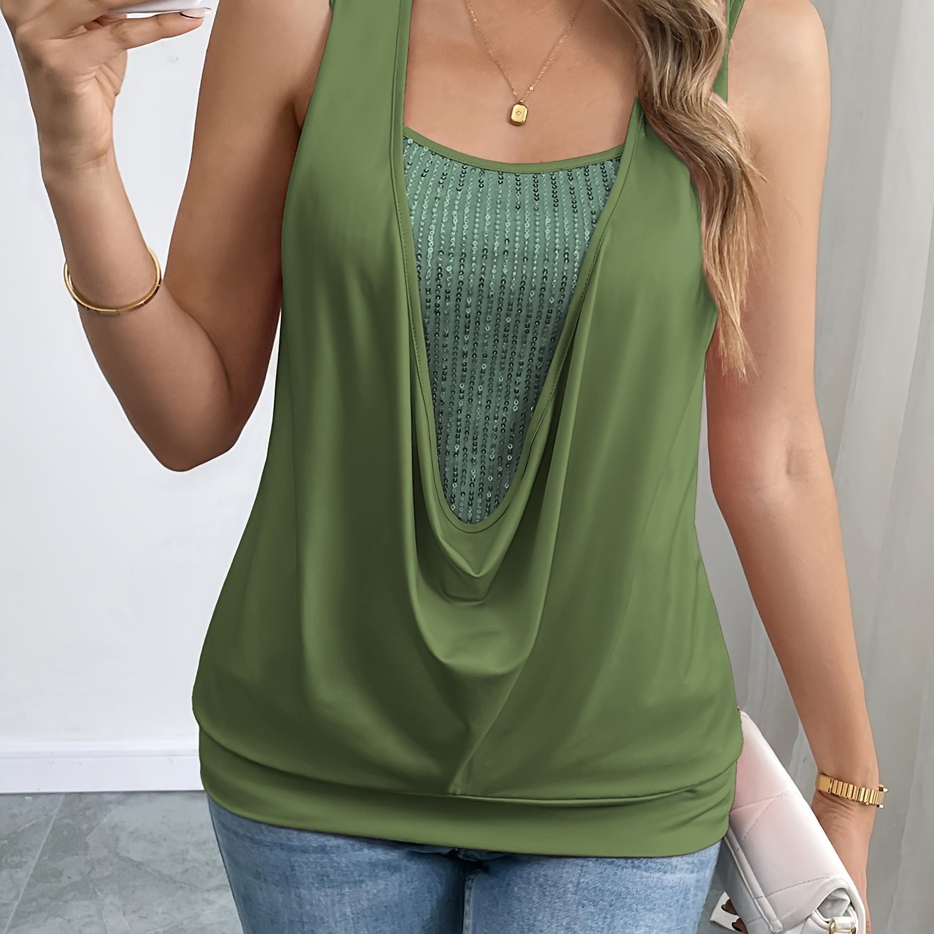 Damen Elegantes Ärmelloses Layered Top mit Wasserfallausschnitt – Modisches Oberteil für Alltag und Freizeit