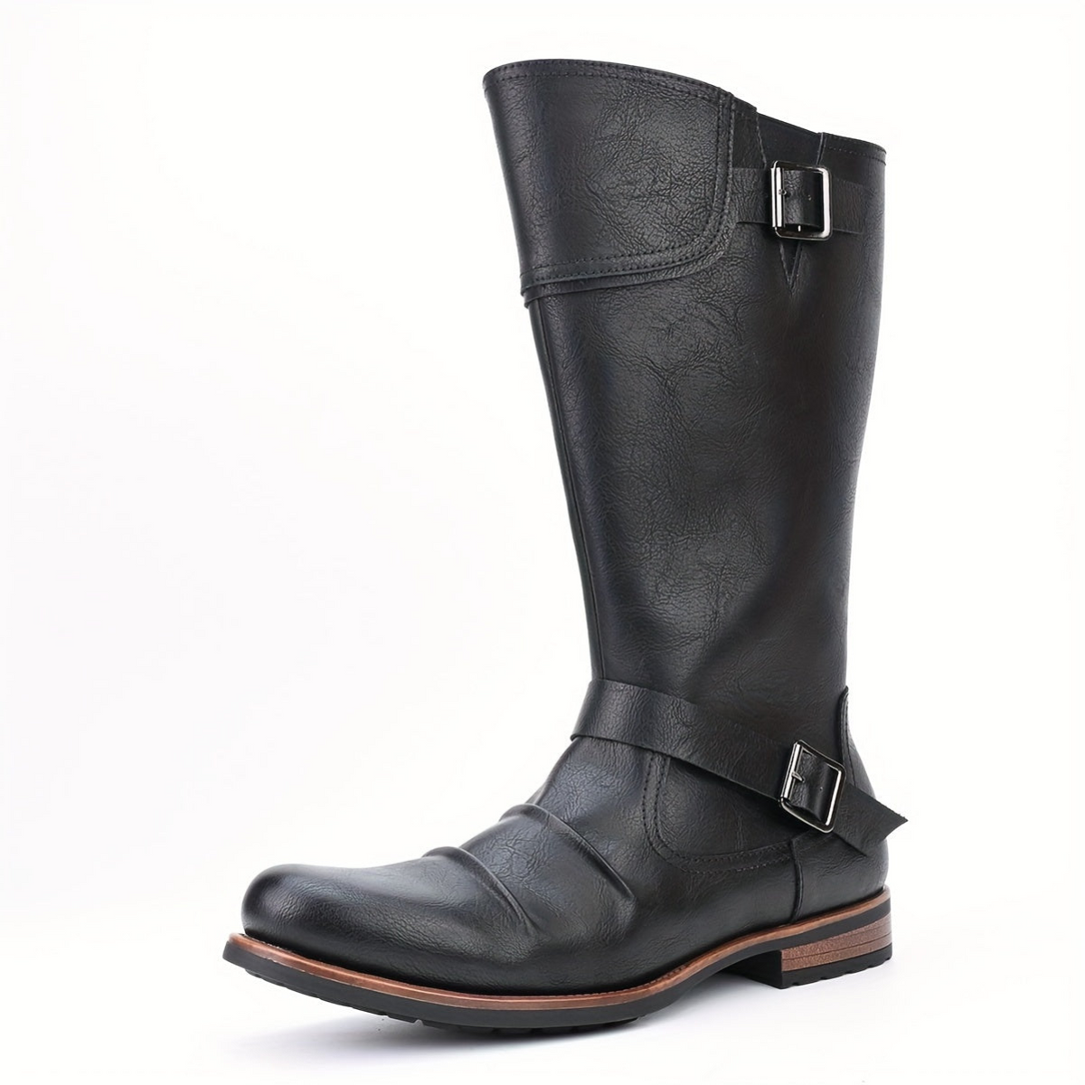 Herren Stiefel mit Schnallen und Riemen - Kniehoch - Schwarz/Braun