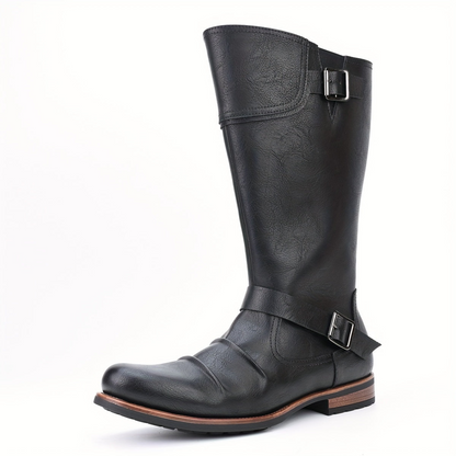 Herren Stiefel mit Schnallen und Riemen - Kniehoch - Schwarz/Braun