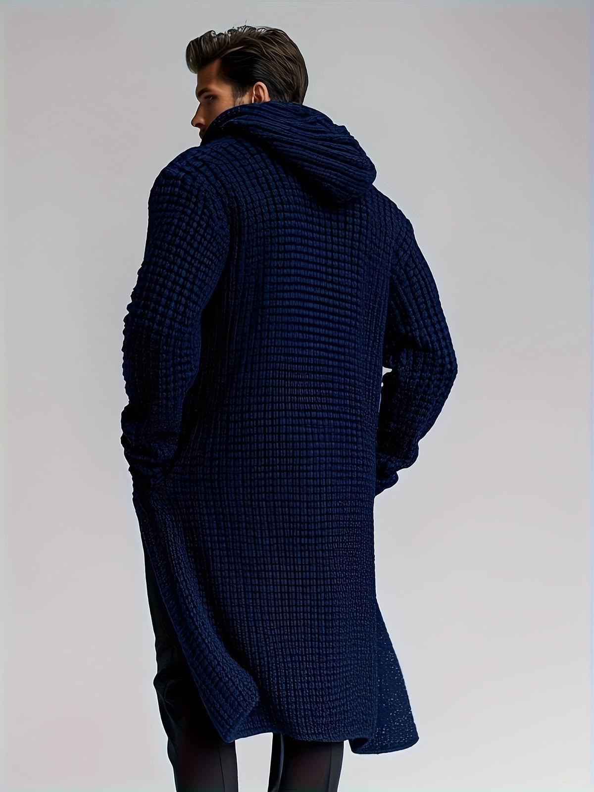 Herren Cardigan Lang Strickpullover Haussweater Dunkelgrau mit Kapuze