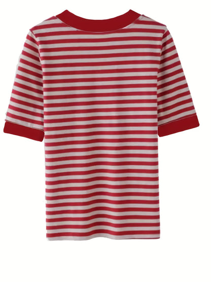 Damen Streifen T-Shirt mit V-Ausschnitt, Kurzarm, Modischer Freizeitstil