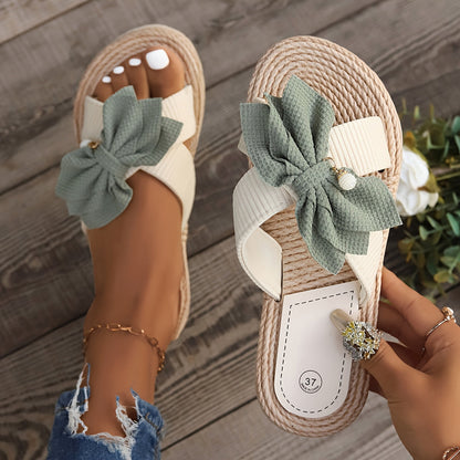 Damen Vintage Sommerschlappen mit großer Schleife – Bequeme Freizeitsandalen für Alltag und Urlaub