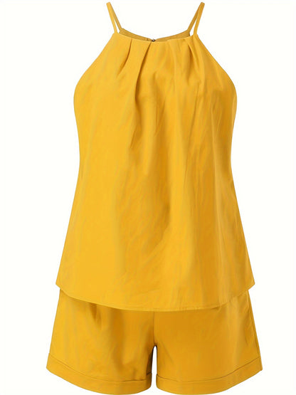 Damen Eleganter Zweiteiler Set – Ärmelloses Top und Shorts mit Gürtel, Perfekt für Sommer und Freizeit
