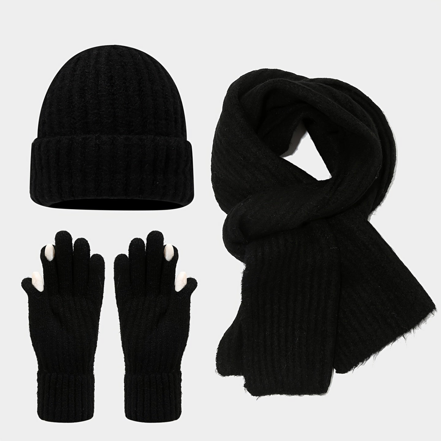 Geripptes Strickmützen-Schal-Handschuh-Set, Winter Accessoire Set in Uni-Farben