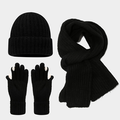 Geripptes Strickmützen-Schal-Handschuh-Set, Winter Accessoire Set in Uni-Farben