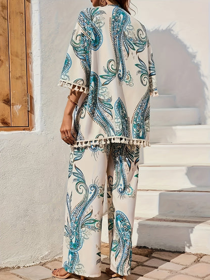 Damen Boho Zweiteiler Set mit Paisley-Muster – Kimono Cardigan & Weite Hose, Sommer-Outfit für Urlaub und Freizeit