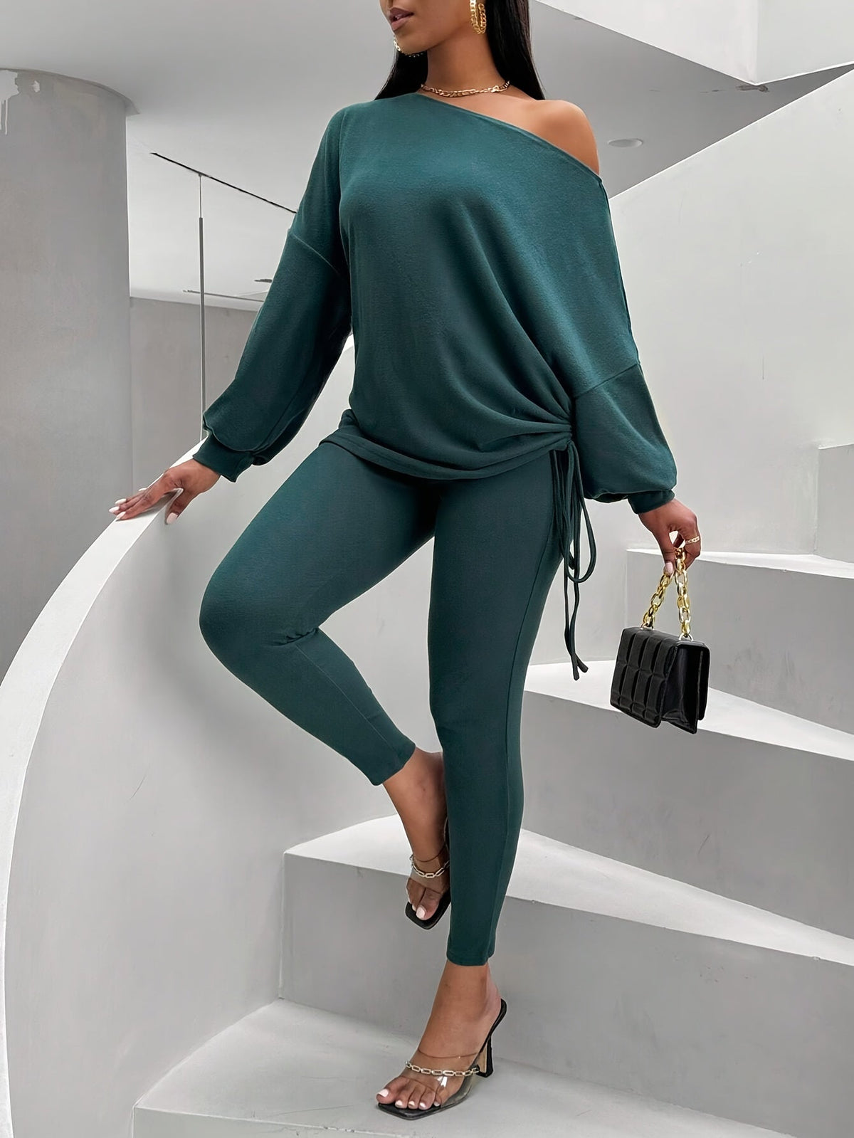 Damen Loungewear Set Dunkelgrün Schulterfrei Pullover Leggings