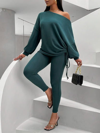 Damen Loungewear Set Dunkelgrün Schulterfrei Pullover Leggings