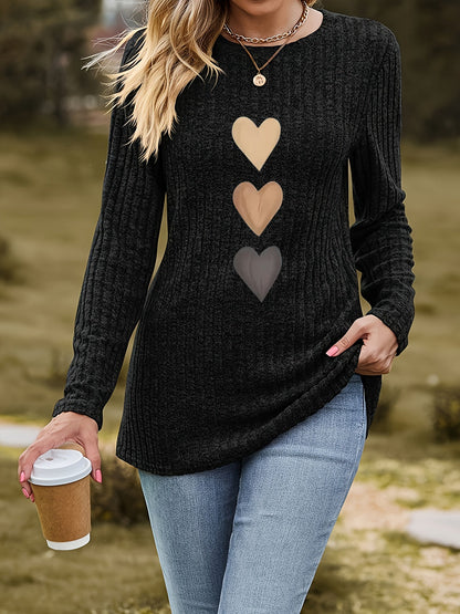 Damen Langarmshirt mit Herz-Motiv, Rundhalsausschnitt, gerippter Optik, Tunika-Stil