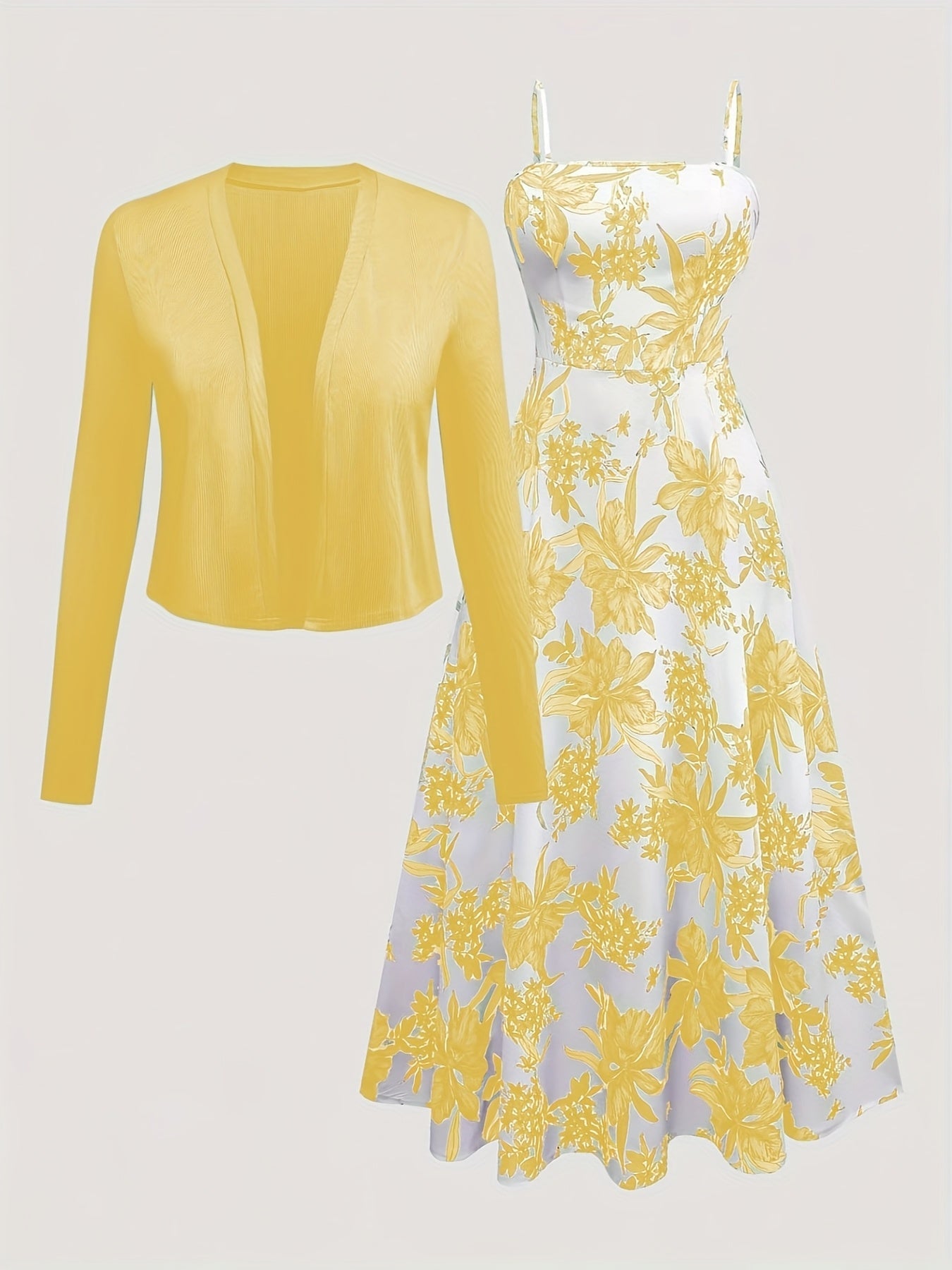 Damen Midikleid mit Blumenmuster und Cardigan – Elegantes Freizeit-Outfit Set für Frühling & Sommer