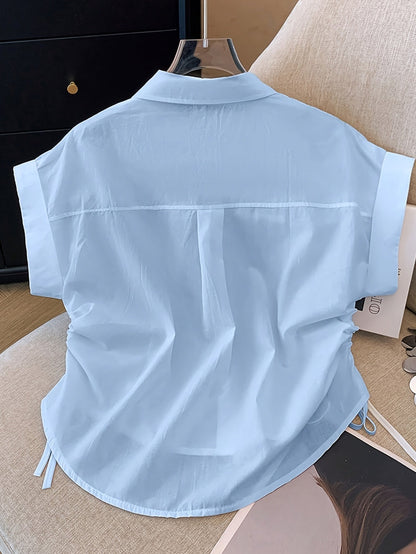 Damen Kurzarm Bluse mit Kordelzug und Hemdkragen – Modisch & Vielseitig