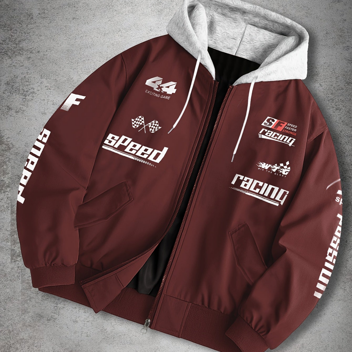 Unisex Racing Bomberjacke mit Kapuze und Reißverschluss, Grau