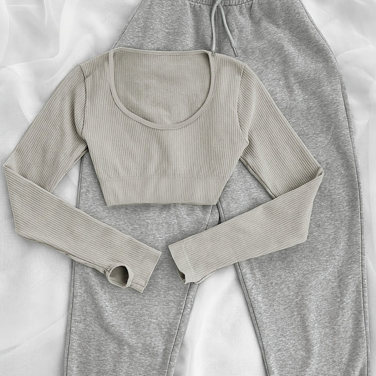 Damen Sport-Set: Geripptes Crop Top & Jogginghose mit Kordelzug - Grau