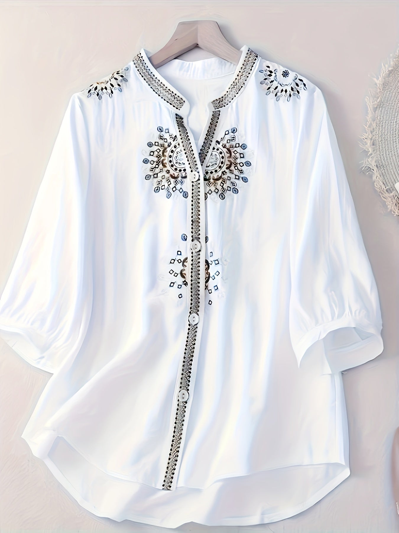 Damen Bluse Elegant Bestickt mit 3/4-Ärmeln für Alltag und Büro