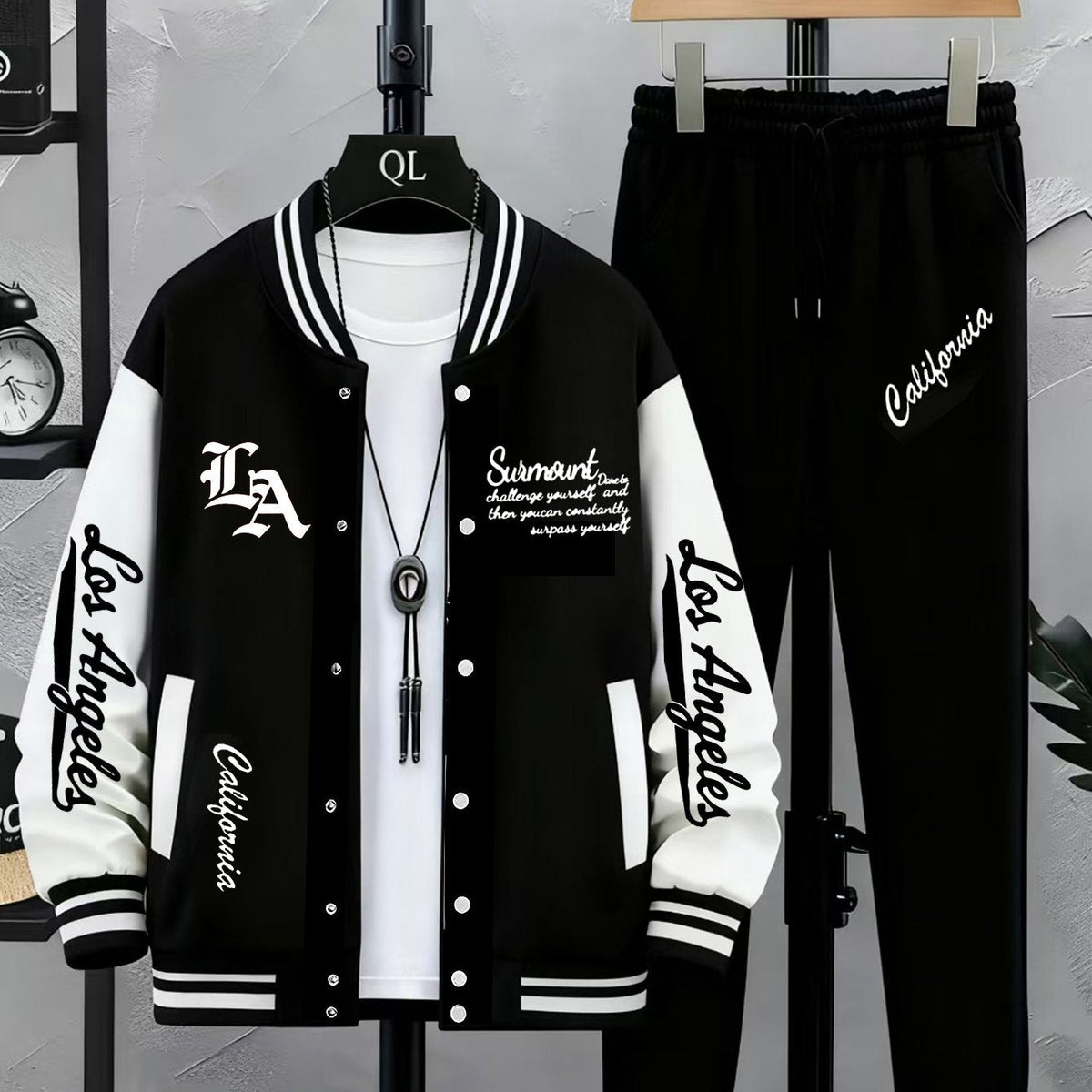 Baseballjacke und Trainingshose Set für Herren - Sportanzug mit "Los Angeles" Schriftzug