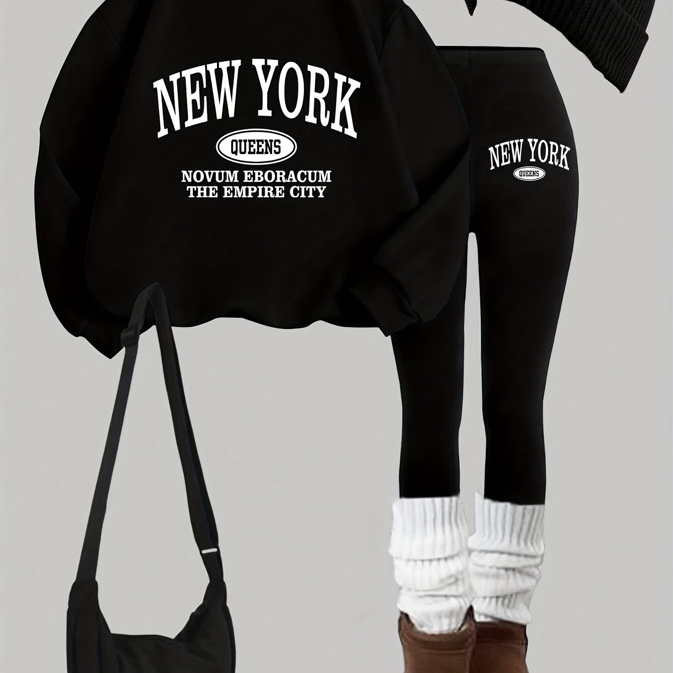 Damen Set: Pullover & Leggings mit 'New York Queens' Print, Rundhalsausschnitt