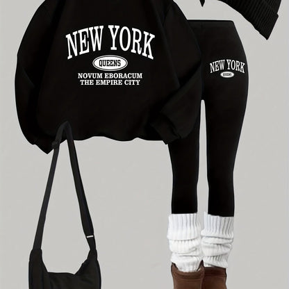 Damen Set: Pullover & Leggings mit 'New York Queens' Print, Rundhalsausschnitt