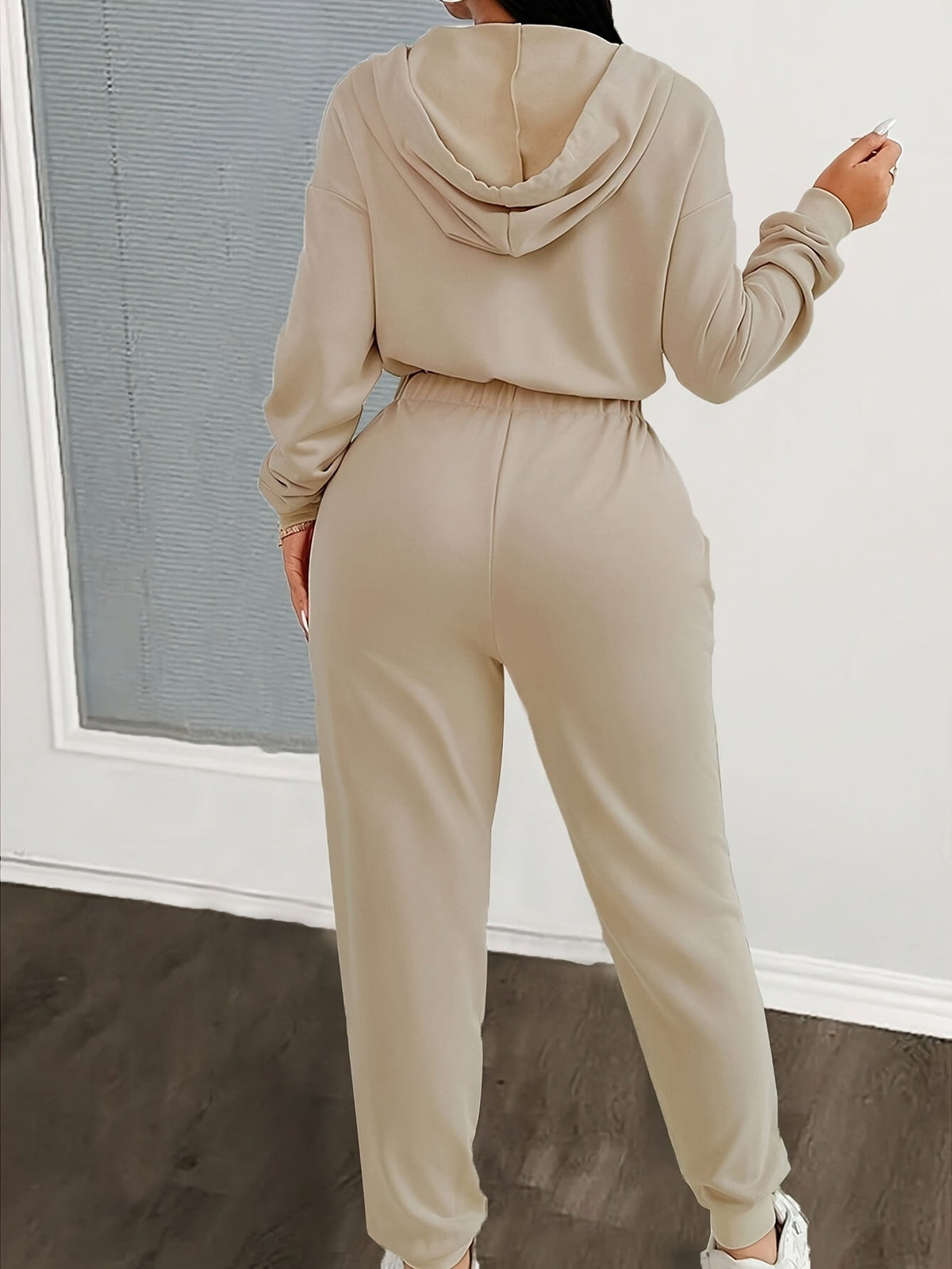Damen Jumpsuit mit Kapuze Reißverschluss und elastischer Taille – Einteiler Freizeitanzug