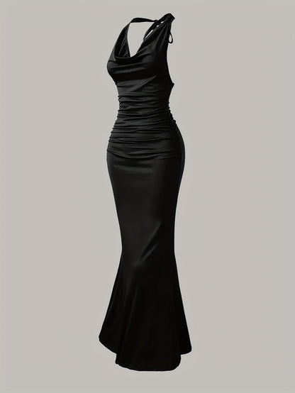 Damen Elegantes Abendkleid mit Wasserfallausschnitt und Rückenbindung – Figurbetontes Maxikleid für besondere Anlässe