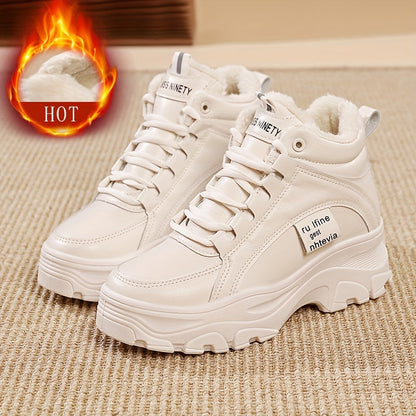 Damen Plateau Sneaker Stiefel Winter Weiß Beige Gefüttert Hoch Profilsohle